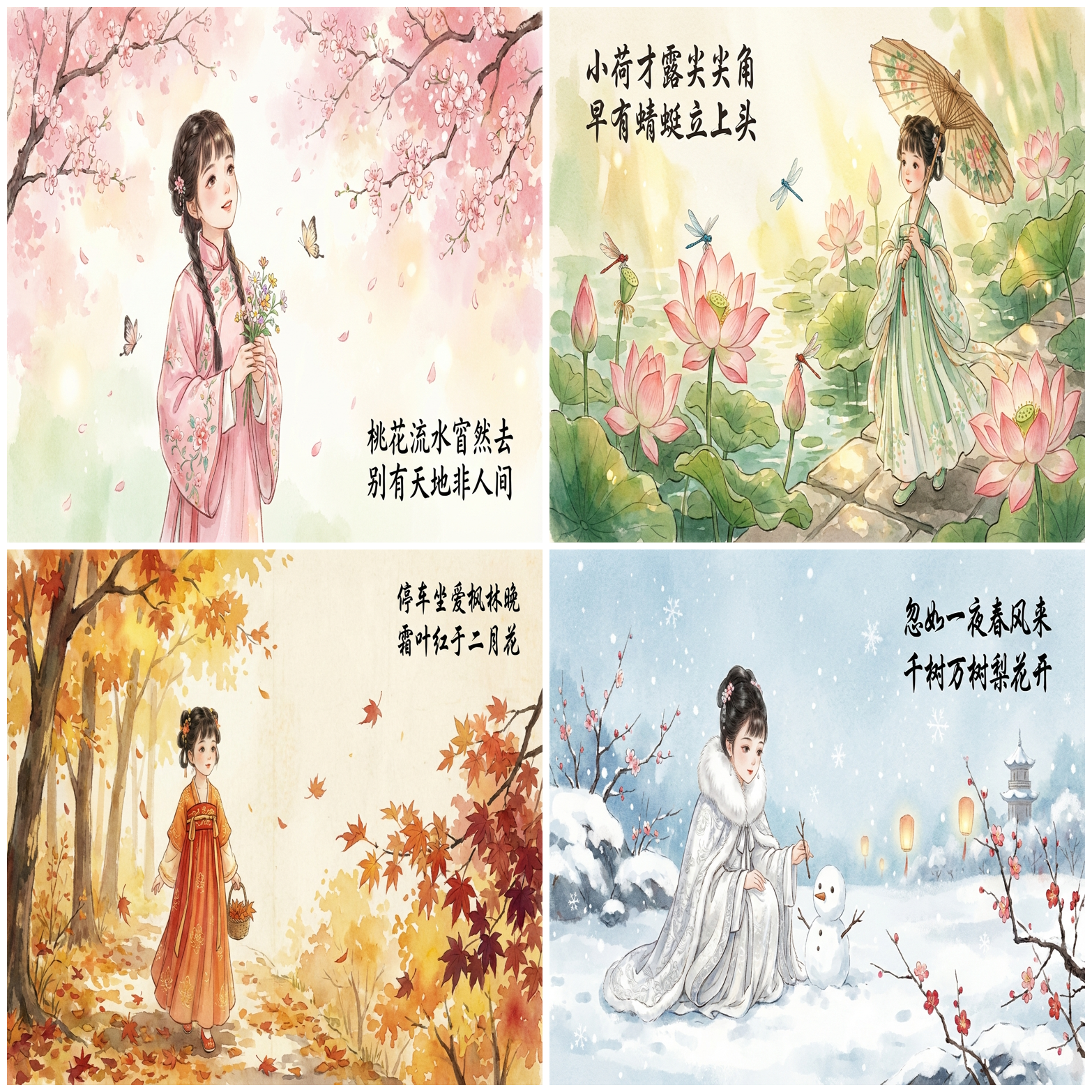 春夏秋冬 · 汉服小女孩诗画连环 🌸🌻🍂❄️